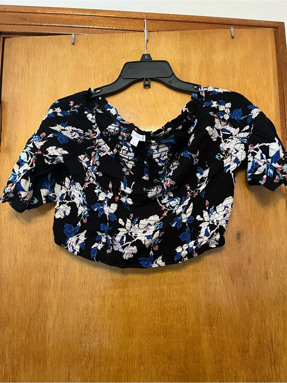 Xhilaration Black Floral Off-Shoulder Ruched Crop Top